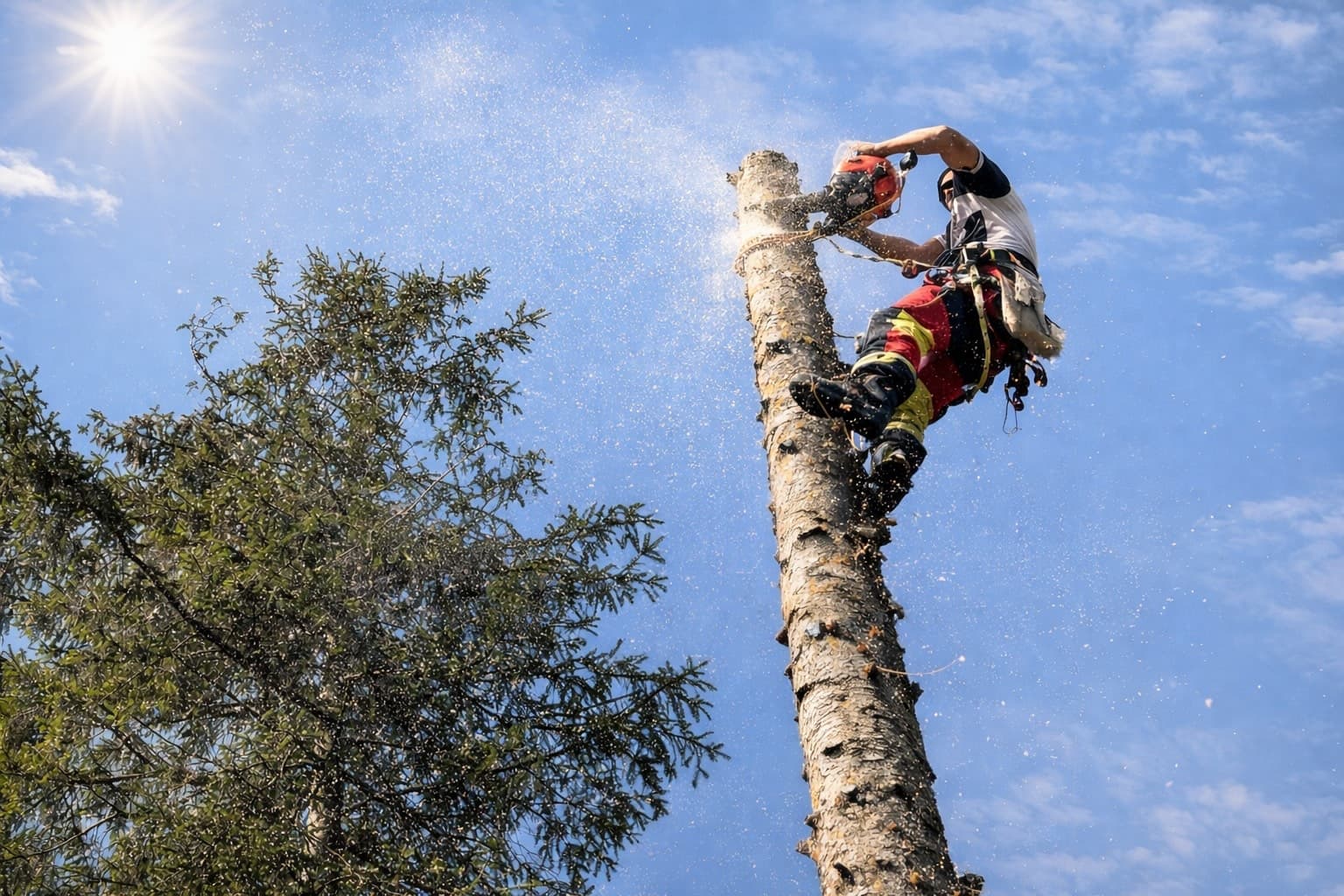 Arboristické práce ve výškách - stromolezec při kácení stromu